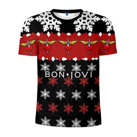 Мужская футболка 3D спортивная с принтом Праздничный Bon Jovi в Кировске, 100% полиэстер с улучшенными характеристиками | приталенный силуэт, круглая горловина, широкие плечи, сужается к линии бедра | bon | jovi | бон | группа | джови | новогодний | новый год | праздник | рождество | рок | снежинки