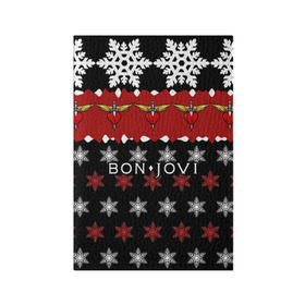 Обложка для паспорта матовая кожа с принтом Праздничный Bon Jovi в Кировске, натуральная матовая кожа | размер 19,3 х 13,7 см; прозрачные пластиковые крепления | Тематика изображения на принте: bon | jovi | бон | группа | джови | новогодний | новый год | праздник | рождество | рок | снежинки