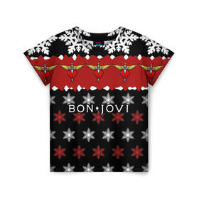 Детская футболка 3D с принтом Праздничный Bon Jovi в Кировске, 100% гипоаллергенный полиэфир | прямой крой, круглый вырез горловины, длина до линии бедер, чуть спущенное плечо, ткань немного тянется | Тематика изображения на принте: bon | jovi | бон | группа | джови | новогодний | новый год | праздник | рождество | рок | снежинки