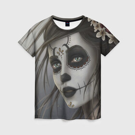 Женская футболка 3D с принтом Skull в Кировске, 100% полиэфир ( синтетическое хлопкоподобное полотно) | прямой крой, круглый вырез горловины, длина до линии бедер | halloween | skull | sugar skull | мексика | хэллоуин | череп