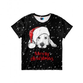 Детская футболка 3D с принтом Собака Санта в Кировске, 100% гипоаллергенный полиэфир | прямой крой, круглый вырез горловины, длина до линии бедер, чуть спущенное плечо, ткань немного тянется | Тематика изображения на принте: дед мороз | зима | новогодний | рождество | снег | шапка