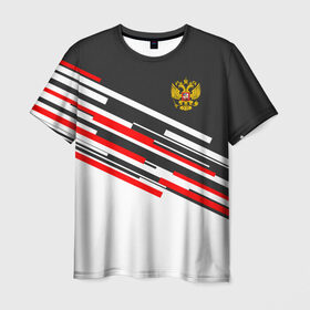 Мужская футболка 3D с принтом RUSSIA - Black and White в Кировске, 100% полиэфир | прямой крой, круглый вырез горловины, длина до линии бедер | russia | герб | россия