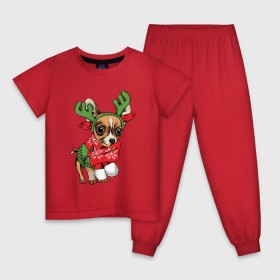 Детская пижама хлопок с принтом Год собаки в Кировске, 100% хлопок |  брюки и футболка прямого кроя, без карманов, на брюках мягкая резинка на поясе и по низу штанин
 | Тематика изображения на принте: christmas | deer | dog | holiday | horns | new year | scarf | snow | snowflakes | sweater | winter | зима | новый год | олень | праздник | рога | рождество | свитер | снег | снежинки | собака | шарф