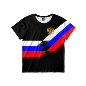 Детская футболка 3D с принтом RUSSIA - Black Collection в Кировске, 100% гипоаллергенный полиэфир | прямой крой, круглый вырез горловины, длина до линии бедер, чуть спущенное плечо, ткань немного тянется | Тематика изображения на принте: russia | герб | россия | триколор | флаг