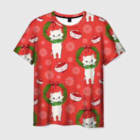 Мужская футболка 3D с принтом Новогодние кошки в Кировске, 100% полиэфир | прямой крой, круглый вырез горловины, длина до линии бедер | зима | кот | новый год | подарок | рождество