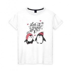 Женская футболка хлопок с принтом Пингвинчики в Кировске, 100% хлопок | прямой крой, круглый вырез горловины, длина до линии бедер, слегка спущенное плечо | зима | новый год | пингвин | подарок | рождество
