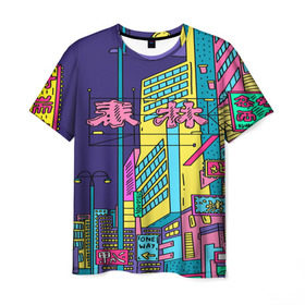 Мужская футболка 3D с принтом Токио в Кировске, 100% полиэфир | прямой крой, круглый вырез горловины, длина до линии бедер | азия | буквы | вывески | иероглифы | кислота | мегаполис | неон | неонуар | флуо | япония | яркий