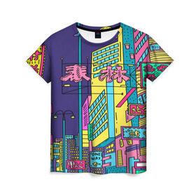 Женская футболка 3D с принтом Токио в Кировске, 100% полиэфир ( синтетическое хлопкоподобное полотно) | прямой крой, круглый вырез горловины, длина до линии бедер | азия | буквы | вывески | иероглифы | кислота | мегаполис | неон | неонуар | флуо | япония | яркий