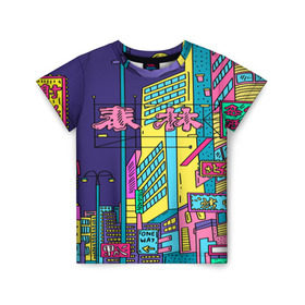 Детская футболка 3D с принтом Токио в Кировске, 100% гипоаллергенный полиэфир | прямой крой, круглый вырез горловины, длина до линии бедер, чуть спущенное плечо, ткань немного тянется | азия | буквы | вывески | иероглифы | кислота | мегаполис | неон | неонуар | флуо | япония | яркий