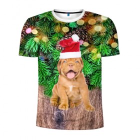 Мужская футболка 3D спортивная с принтом DOG в Кировске, 100% полиэстер с улучшенными характеристиками | приталенный силуэт, круглая горловина, широкие плечи, сужается к линии бедра | christmas | new year | santa | год собаки | дед мороз | елка | елочки | новогодний | новый год | рождество | сантаклаус | снег | снежинки | собака