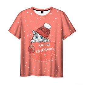 Мужская футболка 3D с принтом Кошка в кармане в Кировске, 100% полиэфир | прямой крой, круглый вырез горловины, длина до линии бедер | зима | кот | новый год | подарок | рождество