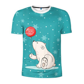 Мужская футболка 3D спортивная с принтом Мишка и шарик в Кировске, 100% полиэстер с улучшенными характеристиками | приталенный силуэт, круглая горловина, широкие плечи, сужается к линии бедра | Тематика изображения на принте: зима | медведь | новый год | подарок | рождество