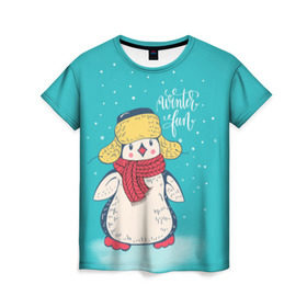Женская футболка 3D с принтом Пингвин в шарфе в Кировске, 100% полиэфир ( синтетическое хлопкоподобное полотно) | прямой крой, круглый вырез горловины, длина до линии бедер | зима | новый год | пингвин | подарок | рождество