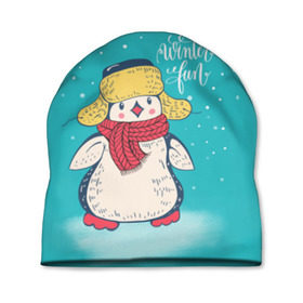 Шапка 3D с принтом Пингвин в шарфе в Кировске, 100% полиэстер | универсальный размер, печать по всей поверхности изделия | зима | новый год | пингвин | подарок | рождество