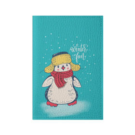 Обложка для паспорта матовая кожа с принтом Пингвин в шарфе в Кировске, натуральная матовая кожа | размер 19,3 х 13,7 см; прозрачные пластиковые крепления | Тематика изображения на принте: зима | новый год | пингвин | подарок | рождество