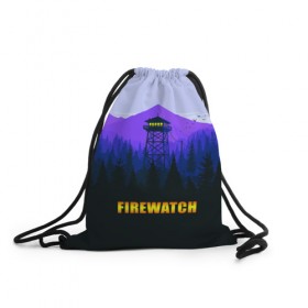 Рюкзак-мешок 3D с принтом Firewatch в Кировске, 100% полиэстер | плотность ткани — 200 г/м2, размер — 35 х 45 см; лямки — толстые шнурки, застежка на шнуровке, без карманов и подкладки | Тематика изображения на принте: вышка | закат | лес | пейзаж