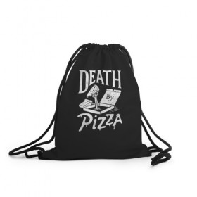 Рюкзак-мешок 3D с принтом Death By Pizza в Кировске, 100% полиэстер | плотность ткани — 200 г/м2, размер — 35 х 45 см; лямки — толстые шнурки, застежка на шнуровке, без карманов и подкладки | Тематика изображения на принте: рука | скелет | умереть от пицы