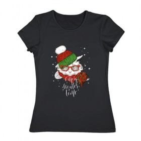 Женская футболка хлопок с принтом Котик в шапке в Кировске, 100% хлопок | прямой крой, круглый вырез горловины, длина до линии бедер, слегка спущенное плечо | зима | кот | новый год | подарок | рождество