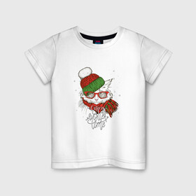 Детская футболка хлопок с принтом Котик в шапке в Кировске, 100% хлопок | круглый вырез горловины, полуприлегающий силуэт, длина до линии бедер | зима | кот | новый год | подарок | рождество
