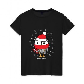 Женская футболка хлопок с принтом Сова в шапке в Кировске, 100% хлопок | прямой крой, круглый вырез горловины, длина до линии бедер, слегка спущенное плечо | зима | новый год | подарок | рождество | сова