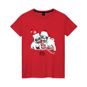 Женская футболка хлопок с принтом Мопсы в Кировске, 100% хлопок | прямой крой, круглый вырез горловины, длина до линии бедер, слегка спущенное плечо | зима | мопс | новый год | подарок | рождество
