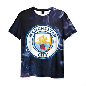 Мужская футболка 3D с принтом Манчестер Сити в Кировске, 100% полиэфир | прямой крой, круглый вырез горловины, длина до линии бедер | machester city | дым | манчестер сити | футбол