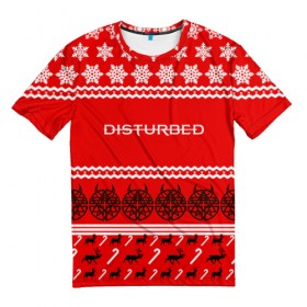 Мужская футболка 3D с принтом Праздничный Disturbed в Кировске, 100% полиэфир | прямой крой, круглый вырез горловины, длина до линии бедер | disturbed | встревоженные | джон мойер | дистёрбд | дэвид дрейман | дэн дониган | майк венгрен | новогодний | новый год | праздник | рождество