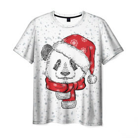 Мужская футболка 3D с принтом Панда Санта в Кировске, 100% полиэфир | прямой крой, круглый вырез горловины, длина до линии бедер | дед мороз | зима | медведь | праздник | рождество | санта клаус | снег | шапка | шарф