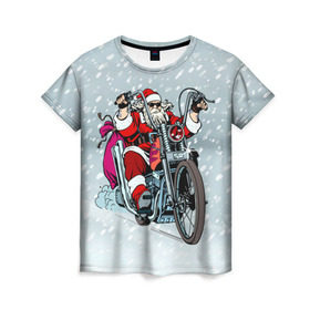 Женская футболка 3D с принтом Санта Клаус байкер в Кировске, 100% полиэфир ( синтетическое хлопкоподобное полотно) | прямой крой, круглый вырез горловины, длина до линии бедер | байк | дед мороз | зима | мотоцикл | рождество | снег