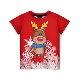 Детская футболка 3D с принтом Олень в шарфике в Кировске, 100% гипоаллергенный полиэфир | прямой крой, круглый вырез горловины, длина до линии бедер, чуть спущенное плечо, ткань немного тянется | новогодний олень | новый год | олень | олень в шарфике | подарок на новый год
