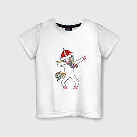 Детская футболка хлопок с принтом Единорог в шапке Санты Дэб в Кировске, 100% хлопок | круглый вырез горловины, полуприлегающий силуэт, длина до линии бедер | дэб | единорог | новый год | санта