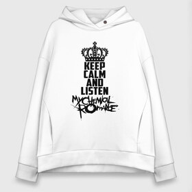 Женское худи Oversize хлопок с принтом Keep calm and listen MCR в Кировске, френч-терри — 70% хлопок, 30% полиэстер. Мягкий теплый начес внутри —100% хлопок | боковые карманы, эластичные манжеты и нижняя кромка, капюшон на магнитной кнопке | gerard way | mcr | my chemical romance | альтернативный | группа | джерард уэй | май кемикал романс | мкр | мой химический роман | мхр | мцр | панк | поп | поппанк | рок | рэй торо