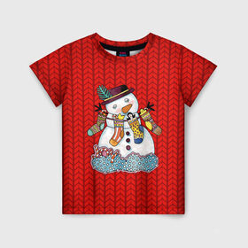 Детская футболка 3D с принтом Снеговик вышивка в Кировске, 100% гипоаллергенный полиэфир | прямой крой, круглый вырез горловины, длина до линии бедер, чуть спущенное плечо, ткань немного тянется | new year | елка | новогодний | новогодняя вышивка | новый год | рождество | снег | снежинки