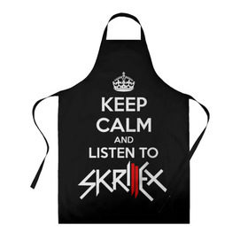 Фартук 3D с принтом Skrillex keep calm в Кировске, 100% полиэстер | общий размер — 65 х 85 см, ширина нагрудника — 26 см, горловина — 53 см, длина завязок — 54 см, общий обхват в поясе — 173 см. Принт на завязках и на горловине наносится с двух сторон, на основной части фартука — только с внешней стороны | dub step | dubstep | keep calm | skrillex | даб степ | дабстеп | диджей | драм энд басс | скрилекс