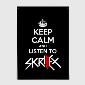 Постер с принтом Skrillex keep calm в Кировске, 100% бумага
 | бумага, плотность 150 мг. Матовая, но за счет высокого коэффициента гладкости имеет небольшой блеск и дает на свету блики, но в отличии от глянцевой бумаги не покрыта лаком | dub step | dubstep | keep calm | skrillex | даб степ | дабстеп | диджей | драм энд басс | скрилекс