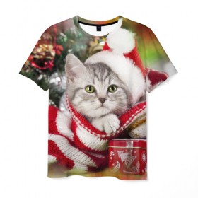 Мужская футболка 3D с принтом Новогодний котик в Кировске, 100% полиэфир | прямой крой, круглый вырез горловины, длина до линии бедер | елка | зима | кот | котейка | кошка | мороз | новый год | снег