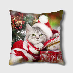 Подушка 3D с принтом Новогодний котик в Кировске, наволочка – 100% полиэстер, наполнитель – холлофайбер (легкий наполнитель, не вызывает аллергию). | состоит из подушки и наволочки. Наволочка на молнии, легко снимается для стирки | елка | зима | кот | котейка | кошка | мороз | новый год | снег