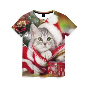 Женская футболка 3D с принтом Новогодний котик в Кировске, 100% полиэфир ( синтетическое хлопкоподобное полотно) | прямой крой, круглый вырез горловины, длина до линии бедер | елка | зима | кот | котейка | кошка | мороз | новый год | снег