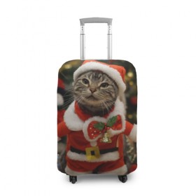 Чехол для чемодана 3D с принтом Прикольный Санта в Кировске, 86% полиэфир, 14% спандекс | двустороннее нанесение принта, прорези для ручек и колес | елка | зима | кот | котейка | кошка | мороз | новый год | снег | снежинки