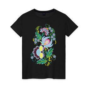 Женская футболка хлопок с принтом Русские мотивы в Кировске, 100% хлопок | прямой крой, круглый вырез горловины, длина до линии бедер, слегка спущенное плечо | узоры | цветы