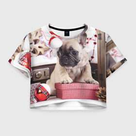 Женская футболка 3D укороченная с принтом Новогодние чудеса в Кировске, 100% полиэстер | круглая горловина, длина футболки до линии талии, рукава с отворотами | елка | новый год | пес | снег | снежинки | собака | щенок