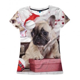 Женская футболка 3D с принтом Новогодние чудеса в Кировске, 100% полиэфир ( синтетическое хлопкоподобное полотно) | прямой крой, круглый вырез горловины, длина до линии бедер | елка | новый год | пес | снег | снежинки | собака | щенок