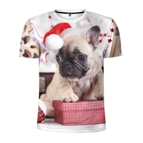 Мужская футболка 3D спортивная с принтом Новогодние чудеса в Кировске, 100% полиэстер с улучшенными характеристиками | приталенный силуэт, круглая горловина, широкие плечи, сужается к линии бедра | елка | новый год | пес | снег | снежинки | собака | щенок