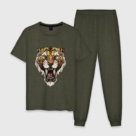 Мужская пижама хлопок с принтом Тигр тигр тигрррррррр в Кировске, 100% хлопок | брюки и футболка прямого кроя, без карманов, на брюках мягкая резинка на поясе и по низу штанин
 | оскал | тигр