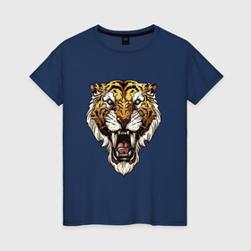 Женская футболка хлопок с принтом Тигр тигр тигрррррррр в Кировске, 100% хлопок | прямой крой, круглый вырез горловины, длина до линии бедер, слегка спущенное плечо | оскал | тигр