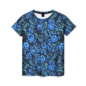 Женская футболка 3D с принтом Красивая гжель в Кировске, 100% полиэфир ( синтетическое хлопкоподобное полотно) | прямой крой, круглый вырез горловины, длина до линии бедер | гжель | роспись
