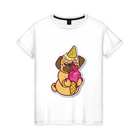 Женская футболка хлопок с принтом Мопс мороженка в Кировске, 100% хлопок | прямой крой, круглый вырез горловины, длина до линии бедер, слегка спущенное плечо | день рождения | мопс | мороженка | мороженное