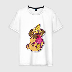 Мужская футболка хлопок с принтом Мопс мороженка в Кировске, 100% хлопок | прямой крой, круглый вырез горловины, длина до линии бедер, слегка спущенное плечо. | день рождения | мопс | мороженка | мороженное