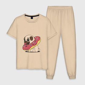 Мужская пижама хлопок с принтом Мопс пончик в Кировске, 100% хлопок | брюки и футболка прямого кроя, без карманов, на брюках мягкая резинка на поясе и по низу штанин
 | мопс | новый год | пончик