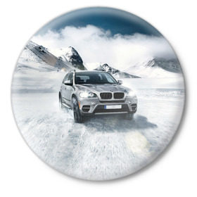 Значок с принтом BMW X5 в Кировске,  металл | круглая форма, металлическая застежка в виде булавки | auto | race | авто | автомобиль | бмв | бумер | бэха | гонки | марка | машина